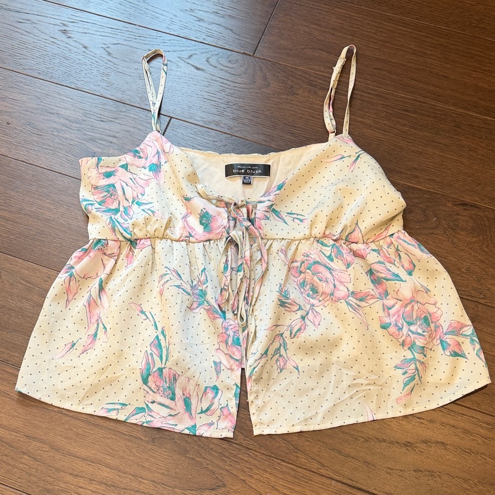 Blue Blush Tie Front Floral Tank Medium C27-005